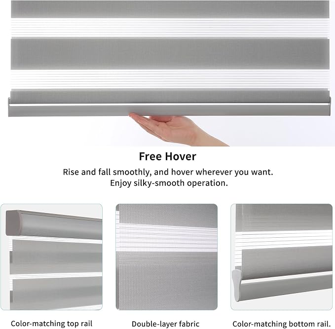 MYshade Cordless Zebra Blinds with Free-Stop Function - Dual Layer Light Filtering & Privacy Sheer Shades for Day and Night - Easy Install Window Shades for Home, Living Room, 35.5" W*72" H,Grey