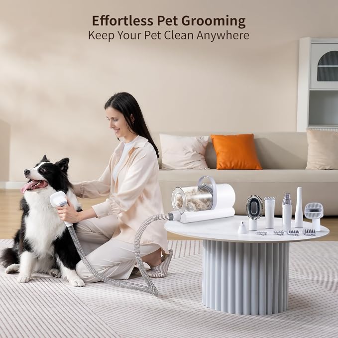 Dog Grooming Vacuum, 13000Pa Powerful with 1.5L Cup 6 in 1 Pet Electric Grooming Vacuum for with Hair Clipper & Shedding Brush, Low Noise, 3 Suction Levels for Thick Hair Cats & Dogs