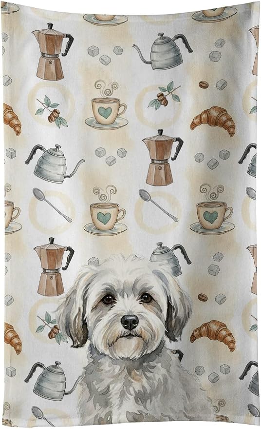 Caroline's Treasures White with Gray Coton de Tulear Coffee Bar Kitchen Towel Velour Plush Front and Cotton Loop Back Machine Washable
