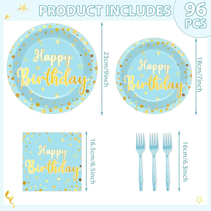 CHUNNIN 96PCS Blue Birthday Plates and Napkins Birthday Party Decorations Light Blue and Gold Dessert Plates Tableware for 24 Guests Kids Party Supplies