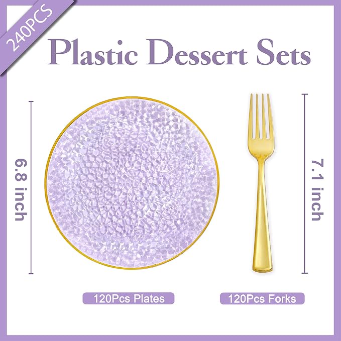 DaYammi 240Pcs Purple Plastic Plates Including 120Pcs Purple Dessert Plates and 120Pcs Gold Cake Forks,Hammered Appetizer plates Heavy duty Disposable Plastic Plate for Party Wedding Birthday