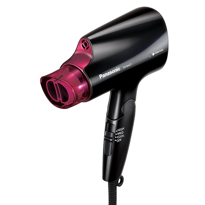 Panasonic nanoe Compact Hair Dryer for Healthy-Looking Hair, 1400W Portable, Folding Handling and Quickdry Nozzle for Fast Drying – EH-NA27-K (Black/Pink)
