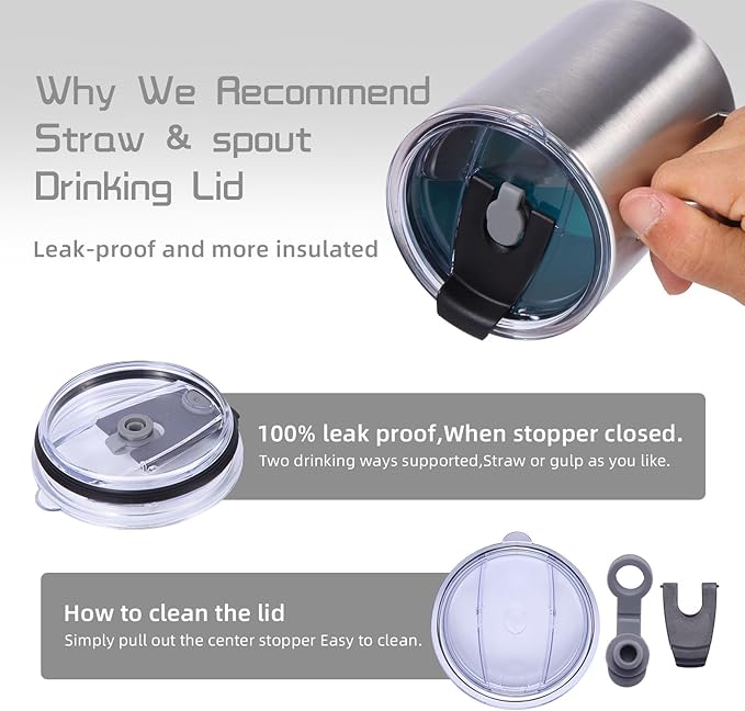 Volhoply 12oz Insulated Leakproof Coffee Mug with Flip & Straw Lid,Double Wall Vacuum Stainless Steel Travel Cafe Tumbler Cup with Handle,Reusable Camping Mugs Keep Cold/Hot(Silver,1 Set)