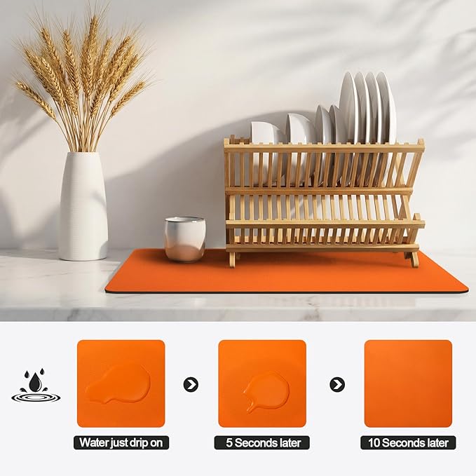 Ecotrim - Dish Drying Mat for Kitchen Counter | Coffee Bar Mat for Countertops | Heat Resistant Drainer Mat with Non-slip Rubber Backed | Hide Stain Kitchen Absorbent Draining Mat | Orange 16"x18"