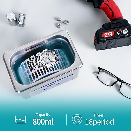 LICHEN 0.8L Ultrasonic Cleaner Professional Ultrasonic Parts Cleaner with Digital Timer, Stainless Steel Jewelry Cleaning Machine for Lab, Jewelry, Glasses, Watches(No Heat)