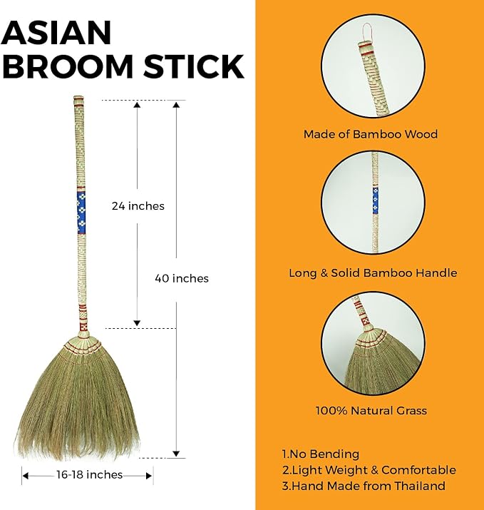 Asian Broom for Cleaning Floor/Handheld Household Broom for Outdoor and Indoor : House Broom - Hardwood Sweeper with Brush Power and Circle Cleaning (Thai Pattern 2, Blue 2)