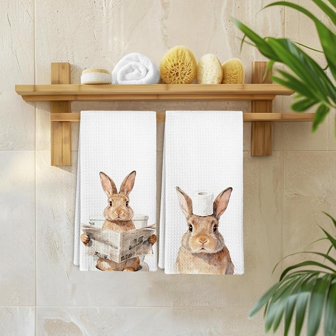 Funny Rabbit Bunny Hand Towels for Bathroom Kitchen Nursery Decor, Rabbit Gifts for Rabbits Lovers, Farmhouse Bunny Decorative Hand Towels Set of 2, Rustic Farm Animals Dish Tea Towels, 16x24
