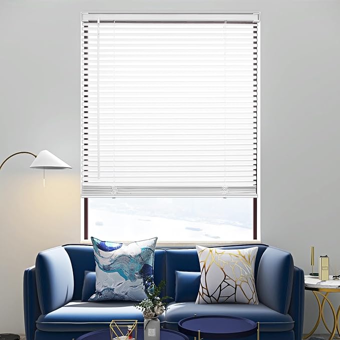 Changshade Vinyl Window Shades Pull Down Venetian Mini Blinds 1Inch Slat Cordless Light Filtering, Horizontal Window Blinds for Home Office, Inside Outside Mount Easy to Install, 35" Wx64 H, White