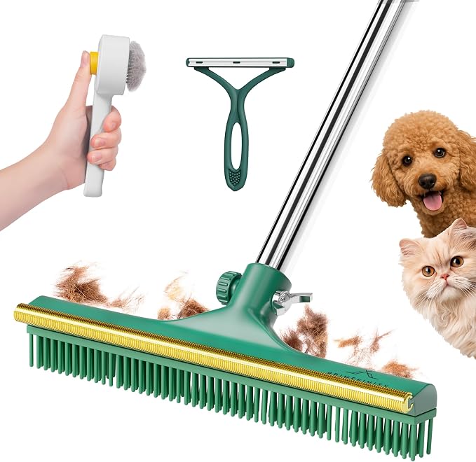 Carpet Rake for Pet Hair Removal Tool with Copper Teeths, 60” Long Handle – 3 in 1 Heavy-Duty Pet Hair Remover Kit for Dog Cat Carpets, Rugs & Mats, Cat Dog Fur Rakes Scraper with self-Cleaning Brush