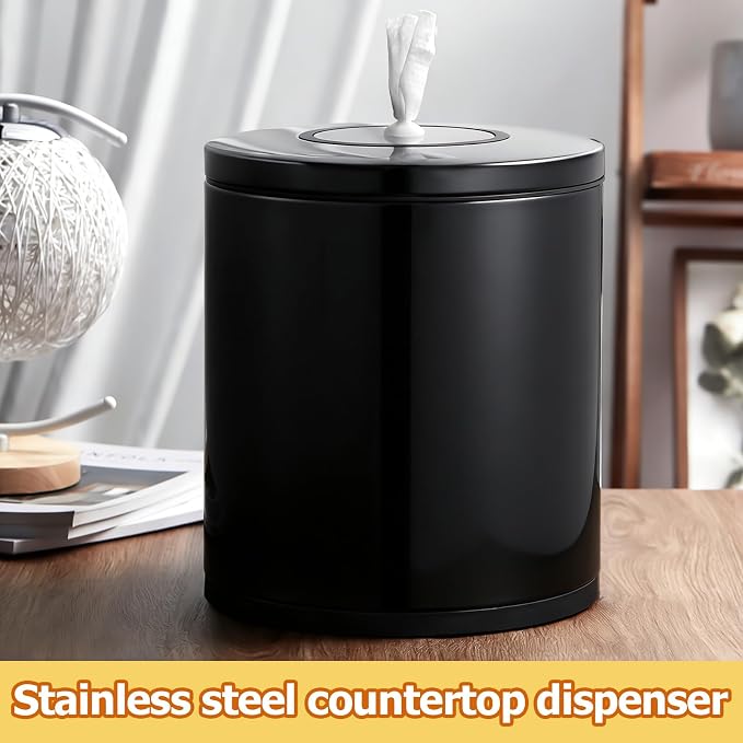 Tandefio Stainless Steel Countertop Wipe Dispenser Fits Wipes on Rolls 10 x 11.5 Inch Round Tissue Holder Refillable Tabletop Cylinder Container for Fitness Clubs Gym Schools Daycares (Black)
