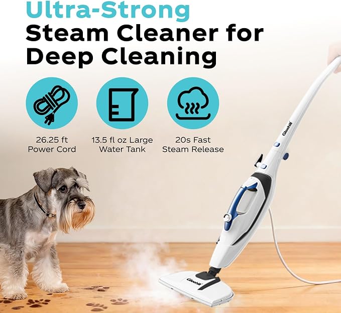 10-in-1 Steam Mops for Floor Cleaning, 302℉ Detachable Handheld Steam Cleaner with 400ml Water Tank and 26.25ft Power Cord, Folding Steamer Mop for Hardwood and Tile Floors, Blue & White