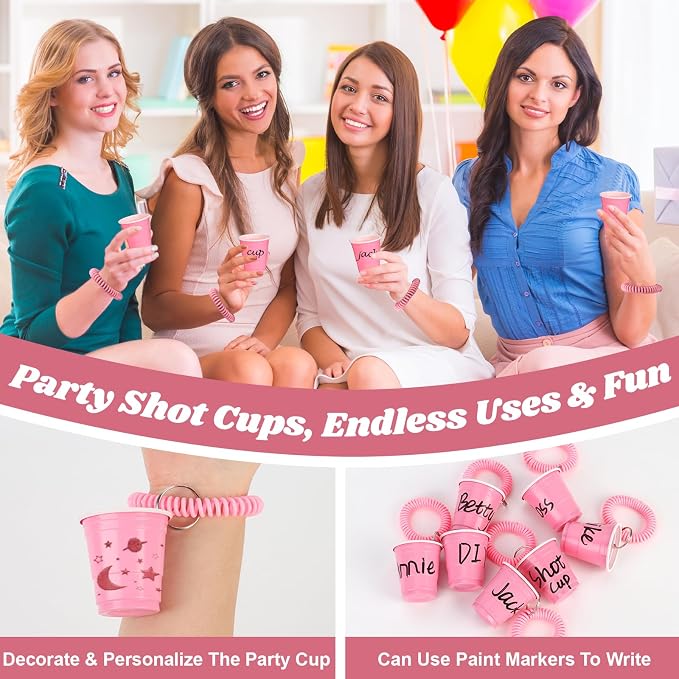100 Pcs Pink Shot Cups with Wristband for Party 2oz Plastic Shot Glasses Bulk Disposable Mini Shot Glasses with Bracelet Wear On Solo Cups for Festival Birthday Favor Wedding Bachelorette Party