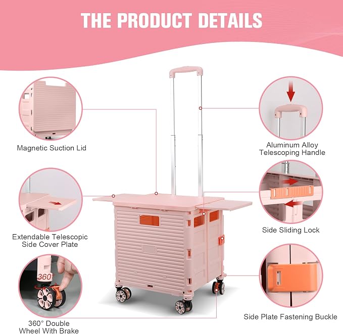 FELICON SELORSS Folding Utility Cart Portable Rolling Crate Handcart with Magnetic Sliding Lid Telescoping Handle Plastic Box Dolly 360°Swivel Wheels for Travel Shop Move Office Teacher Use(Pink Pro)