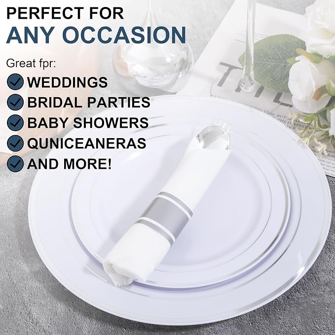 200Guests Pre Rolled Silver Plastic Silverware Sets - Heavy Duty Silver Cutlery - Include 200 Pack Wrapped Disposable Utensils with Napkins for Parties & Dinners & Weddings