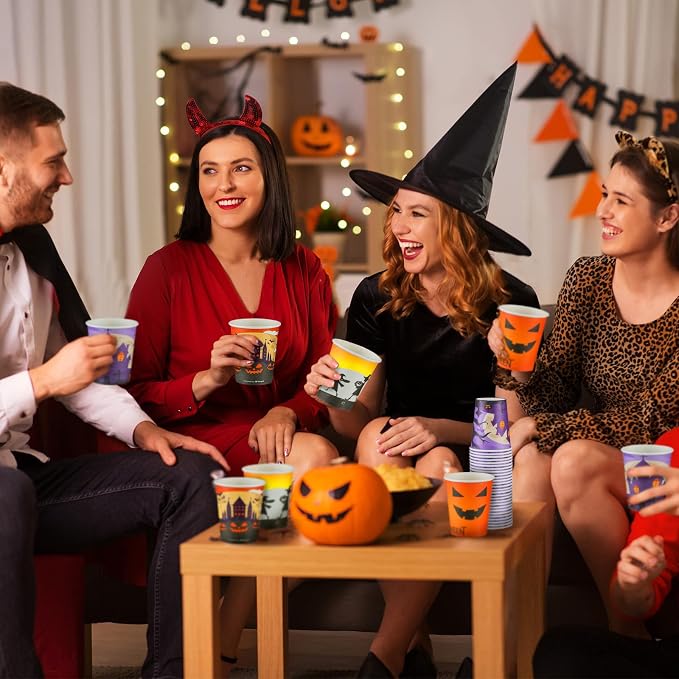 Qeeenar 240 Pcs 9 oz Halloween Disposable Paper Cups, Witch Design, Cylindrical Shape, Hot Drinks, Purple & Orange Colors, Halloween Party Supplies