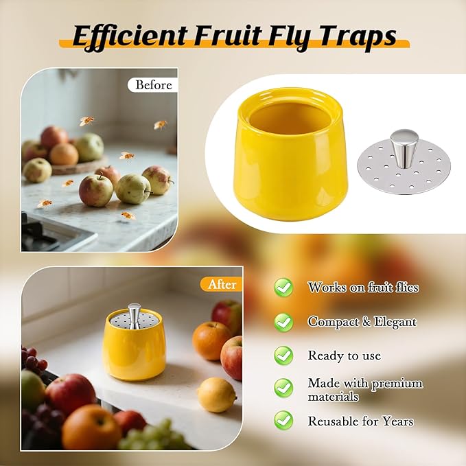 Ceramic Fruit Fly Trap for Indoors, Reusable Kitchen Fly Catcher with Stainless Steel Vent Lid, Uses Safe & Natural Vinegar Bait Trap, Dishwasher Safe, Easy to Use (Yellow,1 Pack)