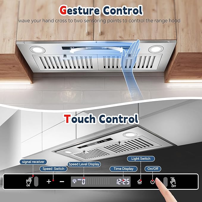Range Hood Insert 30 inch, Ducted/Ductless Range Hood with Gesture Sensing & Touch Control, Built-in Kitchen Hood 600CFM, 2 Pcs Stainless Steel Baffle Filters