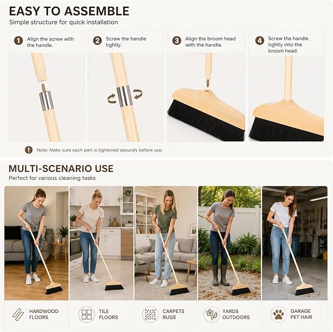 Mikikit Horsehair Broom with Long Handle Soft Bristle Sweeper Wooden Broom Indoor for Hardwood Floors Carpets Home Kitchen Office Pet Hair Cleaning