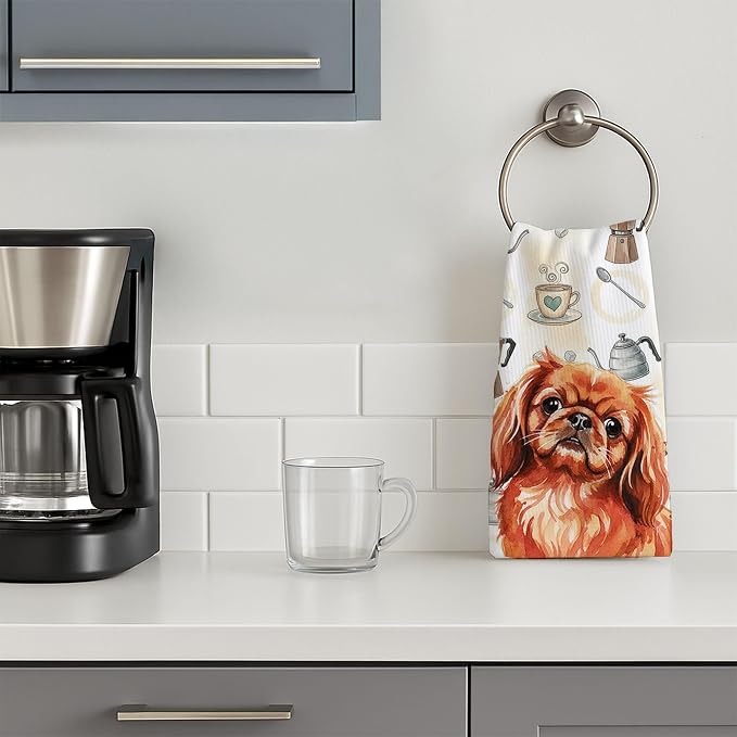 Caroline's Treasures Red Pekingese Coffee Bar Kitchen Towel Velour Plush Front and Cotton Loop Back Machine Washable