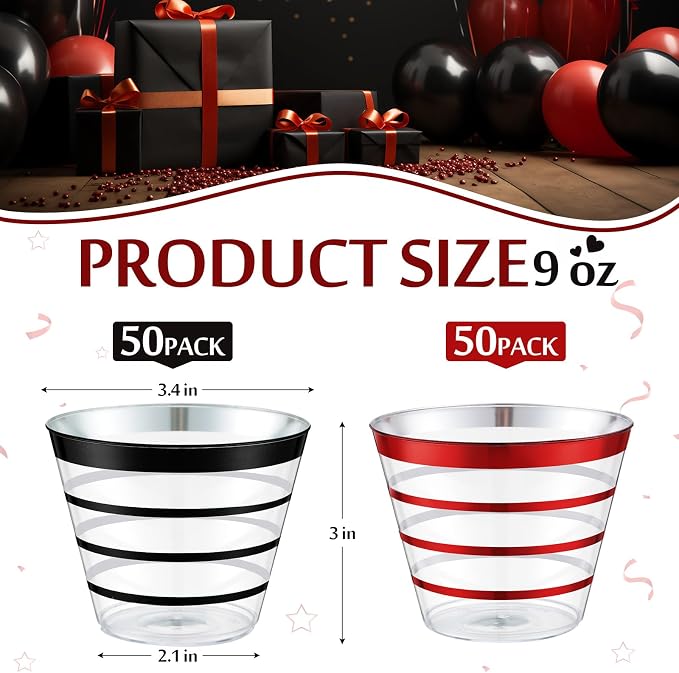 Gejoy 9 oz 100pcs Casino Party Cup Rimmed Stripe Plastic Cups Bulk Disposable Wine Hard Plastic Drinking Cocktail Cups Tumblers for Wedding Gathering Party Supplies(Black, Red)