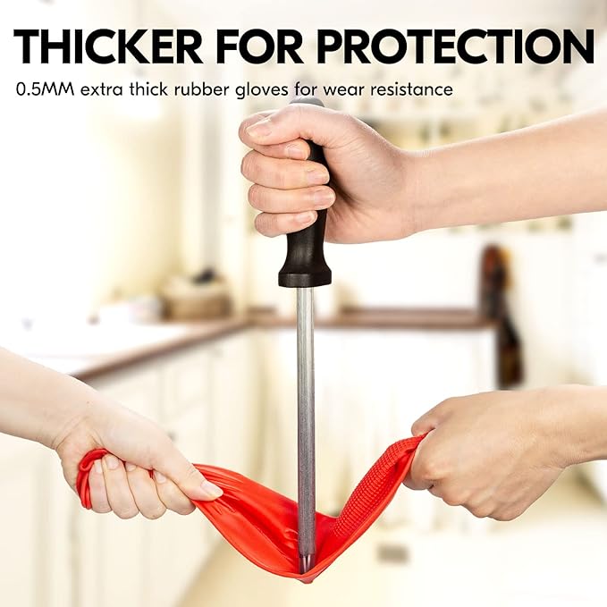 Vgo... 1-Pair Reusable Long Sleeve Thick Latex Dishwashing Gloves - Kitchen, Cleaning, Washing, Working, Painting, Gardening, Pet Care (Size M, Red, RB2143)