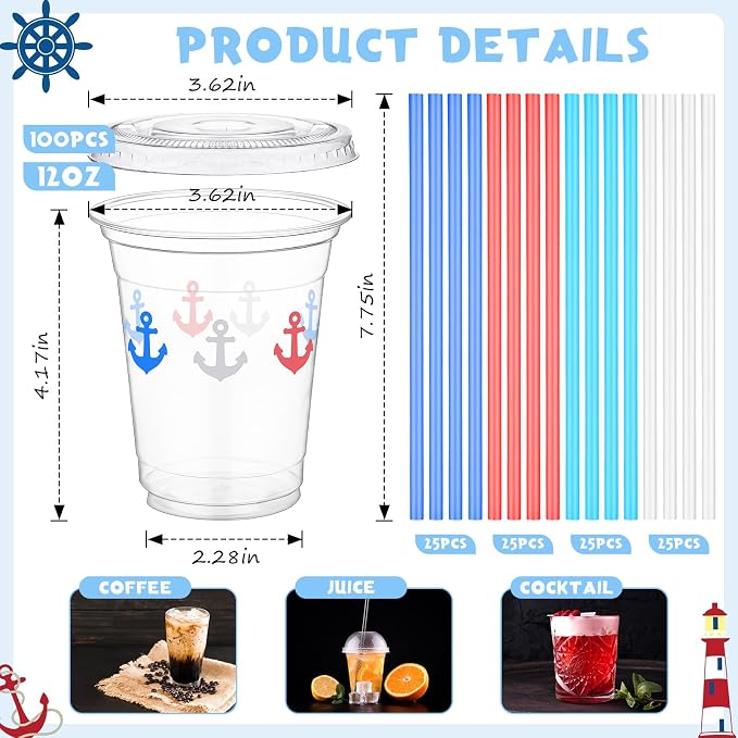 Blushtier 100 Sets 12 oz Nautical Disposable Plastic Cups with Lids and Straws, Blue Anchor Theme Party Cups Beverage Drinking Cups for Ocean Theme Birthday Summer Party Supplies