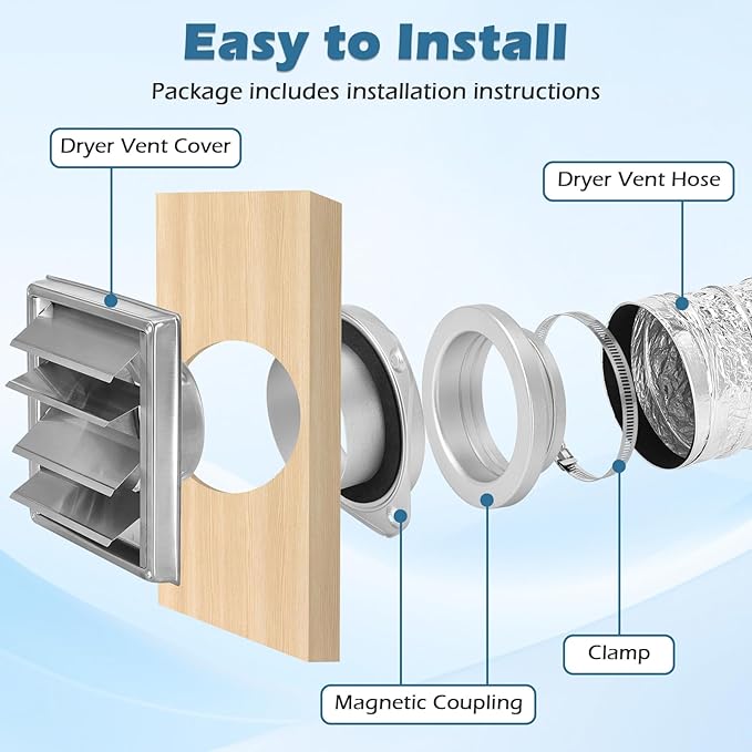 Magnetic Dryer Vent Connector Kit, Magnetic Dryer Vent Coupling DV180 Airtight Seal with Dryer Vent Cover Outside, Easy to Clean Quick Connect 4" Dryer Vents Hose with 2 Clamps