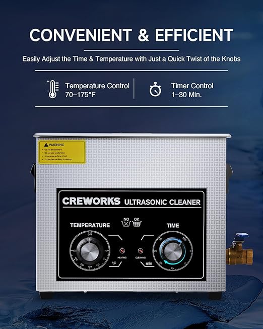 CREWORKS 6.5L Ultrasonic Cleaner with Knob, 1.7 gal 120W Professional Industrial Auto Cleaning Machine for Tools Watch Glasses Retainer Denture Parts, 40kHz Digital Heated Sonic Cavitation Cleaner
