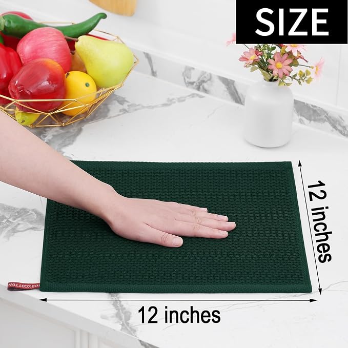 Homaxy 100% Cotton Waffle Weave Kitchen Dish Cloths, Ultra Soft Absorbent Quick Drying Dish Towels, 12 x 12 Inches, 24-Pack, Blackish Green