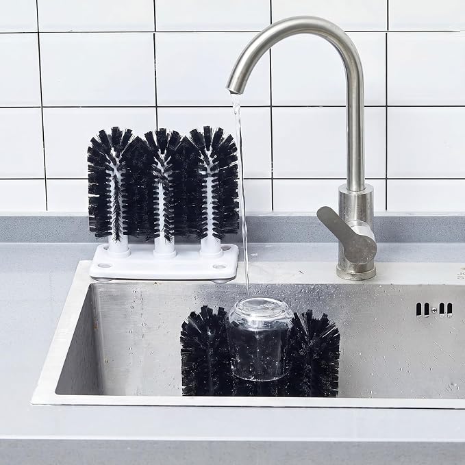 Havawish 2 Pack Water Bottle Cleaning Brush with Suction Base, 3 Head All Black Bristles Bar Glass Washer for Sink, Cup Washer Brush Cleaner for Bar Beer Cup, Wine Glass(7.3 x 3.4 x 7.5)