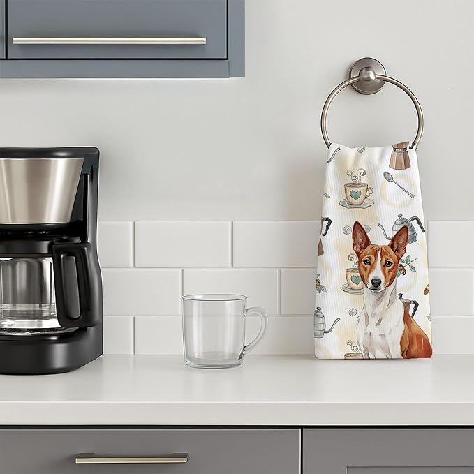 Caroline's Treasures Red and White Basenji Coffee Bar Kitchen Towel Velour Plush Front and Cotton Loop Back Machine Washable