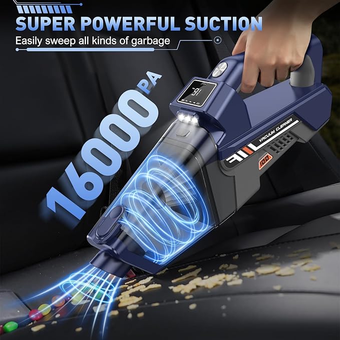 Handheld Vacuum Cordless, 16000PA High Power Car Vacuum Cleaner, Portable Hand Held Vacuum Cleaner with LED Light & Multi-Nozzles, Dust Buster Rechargeable for Home, Car, Office, Pet