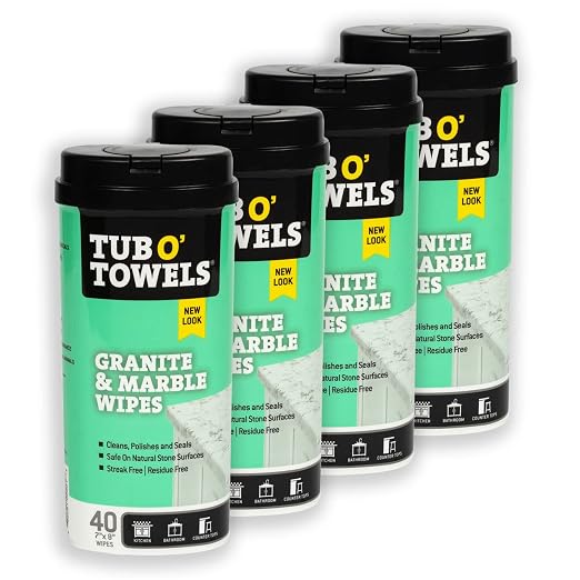 Tub O' Towels Granite & Marble Cleaning Wipes 4 Pack – 7x8 Multi Surface Stone Cleaning Wipes, 40 Count Canisters for Countertops & Tile