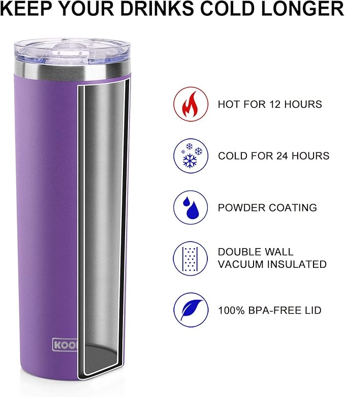 koodee 20 oz Skinny Tumbler (2 Pack) Stainless Steel Double Wall Insulated Water Tumbler Cup with Straw, Slim Travel Tumbler for Women Diy Birthday Gift (Purple-Pink)