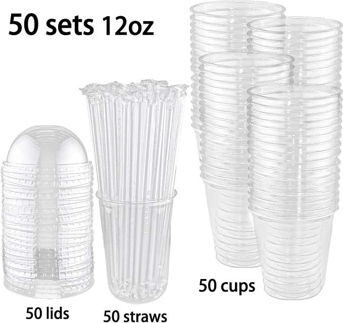 Qsqwsuye 50 Set 12 oz Disposable Clear Plastic Cups with Dome Lids and Straws, Durable Plastic Party Cups for Iced Coffee, Milk Tea, Assorted Beverages, Perfect for Parties, Wedding, Festival Events