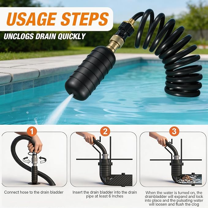 Drain Bladder Kit for Clogged Drains, Drain Unclogger Tool with 10FT Retractable Hose – Includes Shut-Off Valve & Brass Faucet Adapter – Drain King Alternative for 1" to 6" Pipes (Sink, Shower, Pool)