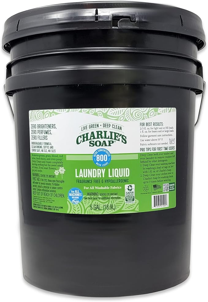 Charlie’s Soap Laundry Liquid Refill (800 Loads, 5 Gallon - 640 Fl Oz) Natural Deep Cleaning Hypoallergenic Laundry Detergent – Biodegradable Eco Friendly Sustainable Laundry Liquid