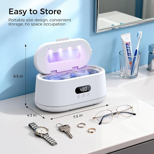 Ultrasonic Jewelry Cleaner, 50KHz Ultrasonic Cleaner Machine, Dual Modes & LED Display, 5 Cleaning Modes, 24W Sonic Cleaner for Jewelry, Eyeglasses, Watches, Rings, Watch Strap,Dentures(White)