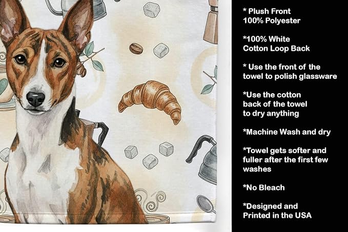 Caroline's Treasures Brindle and White Basenji Coffee Bar Kitchen Towel Velour Plush Front and Cotton Loop Back Machine Washable
