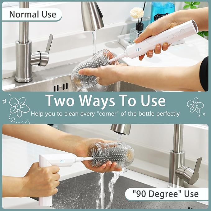 Zooawa Electric Baby Bottle Brush Cleaner,7in1 Travel kit with Rechargeable 90°Folding Elctric Bottle Cleaner & Drainage Box,Food-Grade Silicone,Long Battery Life,Nipple Brush,Straw Brush