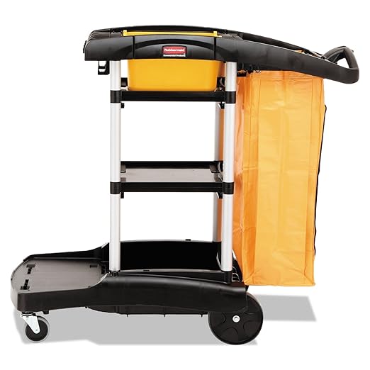 Rubbermaid Commercial Products Industrial High Capacity Storage Janitorial Cart with Wheels/Casters Two Caddies and Zippered Yellow Bag for School/Retail/Hospitality/Restaurant Black