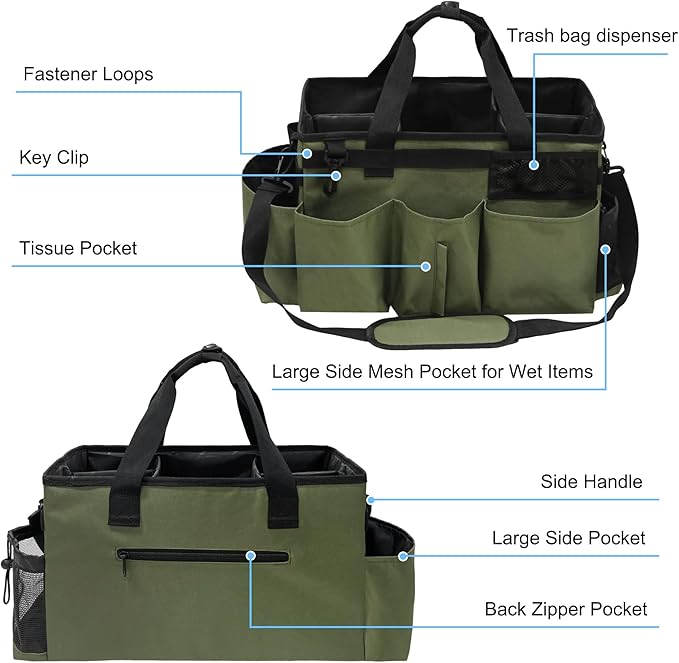 Wearable Cleaning Caddy Bag, Kitchen Supplies Organizer with Handle&Shoulder Strap, Under Sink&Car Cleaning Tool Tote with 4 Foldable Dividers for Housekeepers Cleaners (Army Green)