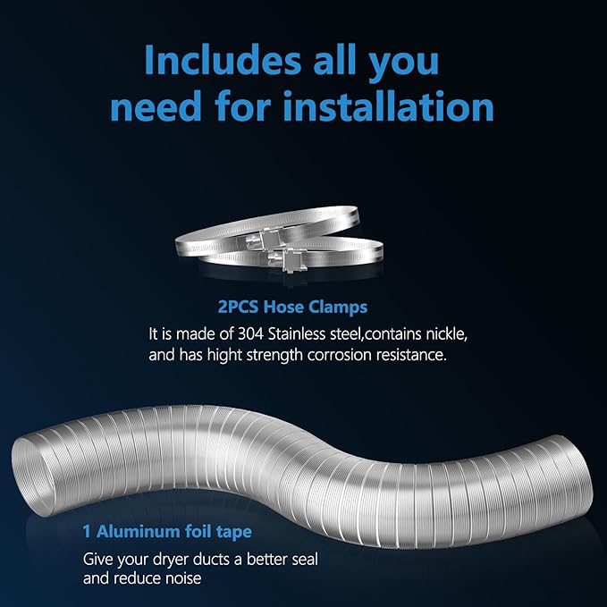 Hon&Guan 4-Inch Semi Rigid Dryer Vent Hose, 5 Feet Flexible Aluminum Duct with 2 Clamps and Aluminum Foil Tape