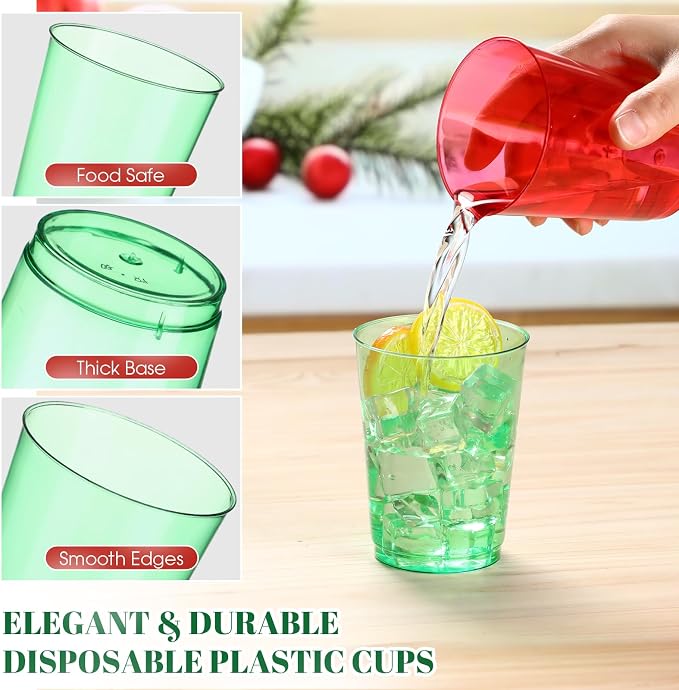 Teenyyou 150 Pcs Christmas Plastic Cups 10 oz Disposable Xmas Cups Heavy Duty Plastic Cup Red and Green Cocktail Cup Drinking Tumblers for Christmas Party Holiday Supplies