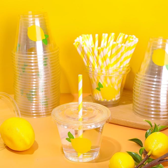 Whaline 100 Pcs Lemon Disposable Plastic Cups with Lids and Straws, 9 Oz | Yellow Lemon, Fruit Theme, Cold Beverage Drinking Cups, for Party Iced Coffee Smoothie Juice Tea