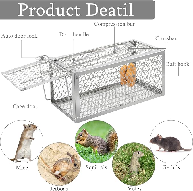 Qualirey 2 Pcs Humane Rat Trap Chipmunk Rodent Mouse Squirrel Trap 9.1 x 4.5 x 4.5 Inches Live Animal Mouse Voles Hamsters Live Cage Rat Cage for Mice Easy to Catch and Release (Silver)