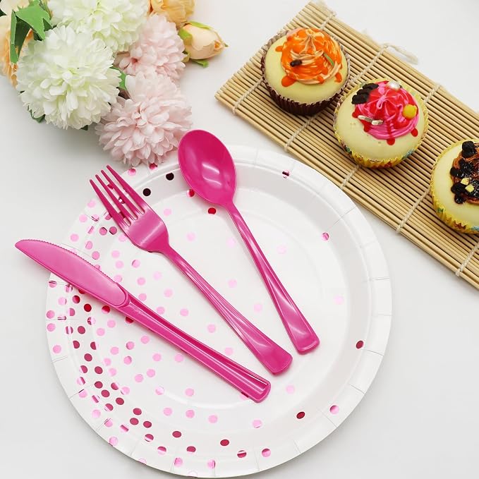 150 Pcs Hot Pink Plastic Silverware Hot Pink Plastic Utensils Heavy Duty - 50 Forks, 50 Knives, 50 Spoons for Valentine's Day,Birthday Bachelorette Wedding Bridal Shower