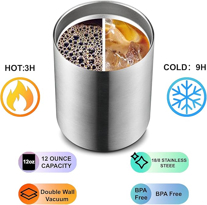 MEWAY 12oz/8Pack Coffee Mug With Lid, Insulated Stainless Steel Reusable Coffee Cup, Double Wall Durable Coffee Mug, Powder Coate，For Coffee, Beer, Home, Office(Silver,8 Pack)