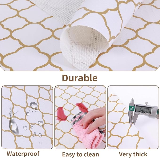 Shelf Drawer Liners for Kitchen Cabinets Non Adhesive Drawer Liner Thickened Refrigerator Liner Gold Quatrefoil Strong Non-Slip Paper for Tool Box with Knife and Tape Measure,17.3 x 354.3 Inches