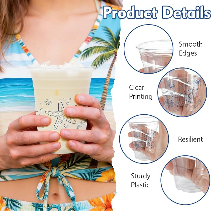 100Pcs Ocean Plastic Party Cups, 12oz Sea Party Disposable Clear Cups for Ocean Parties, Birthday, Summer, Sea Drinking Cups, Under the Sea Party Favors (2 Styles)